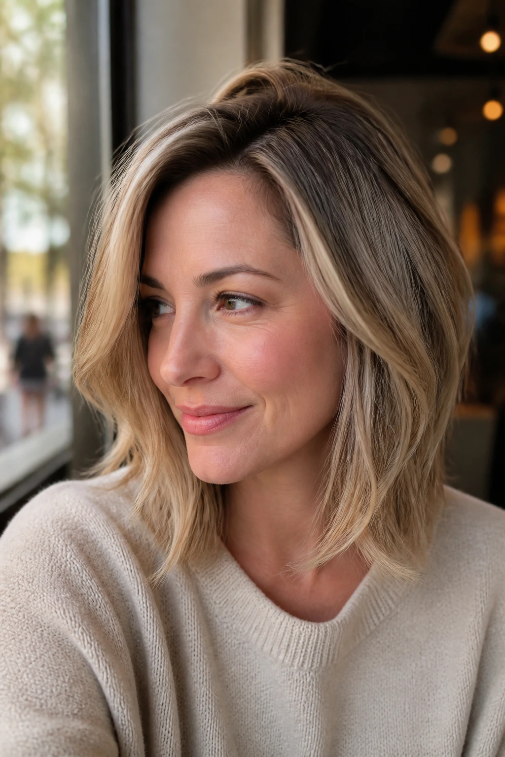 Portrait of a real woman with off-center part lob showing lift at the roots in natural light.