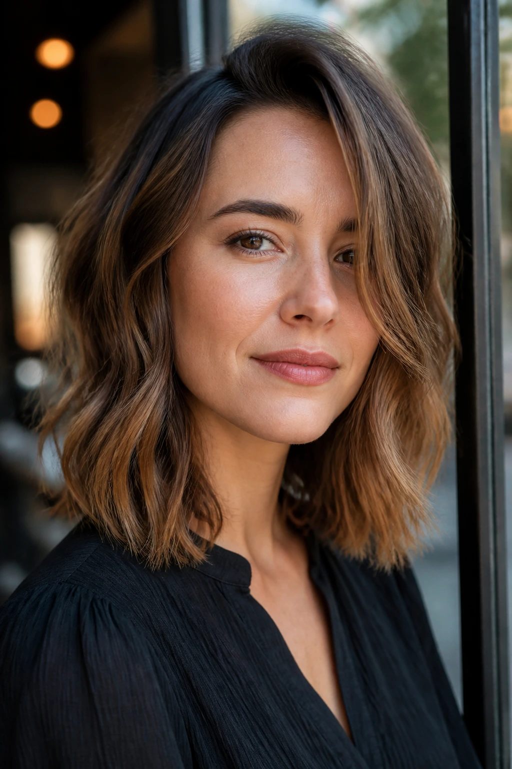 Close-up of a real woman with an off-center part long bob