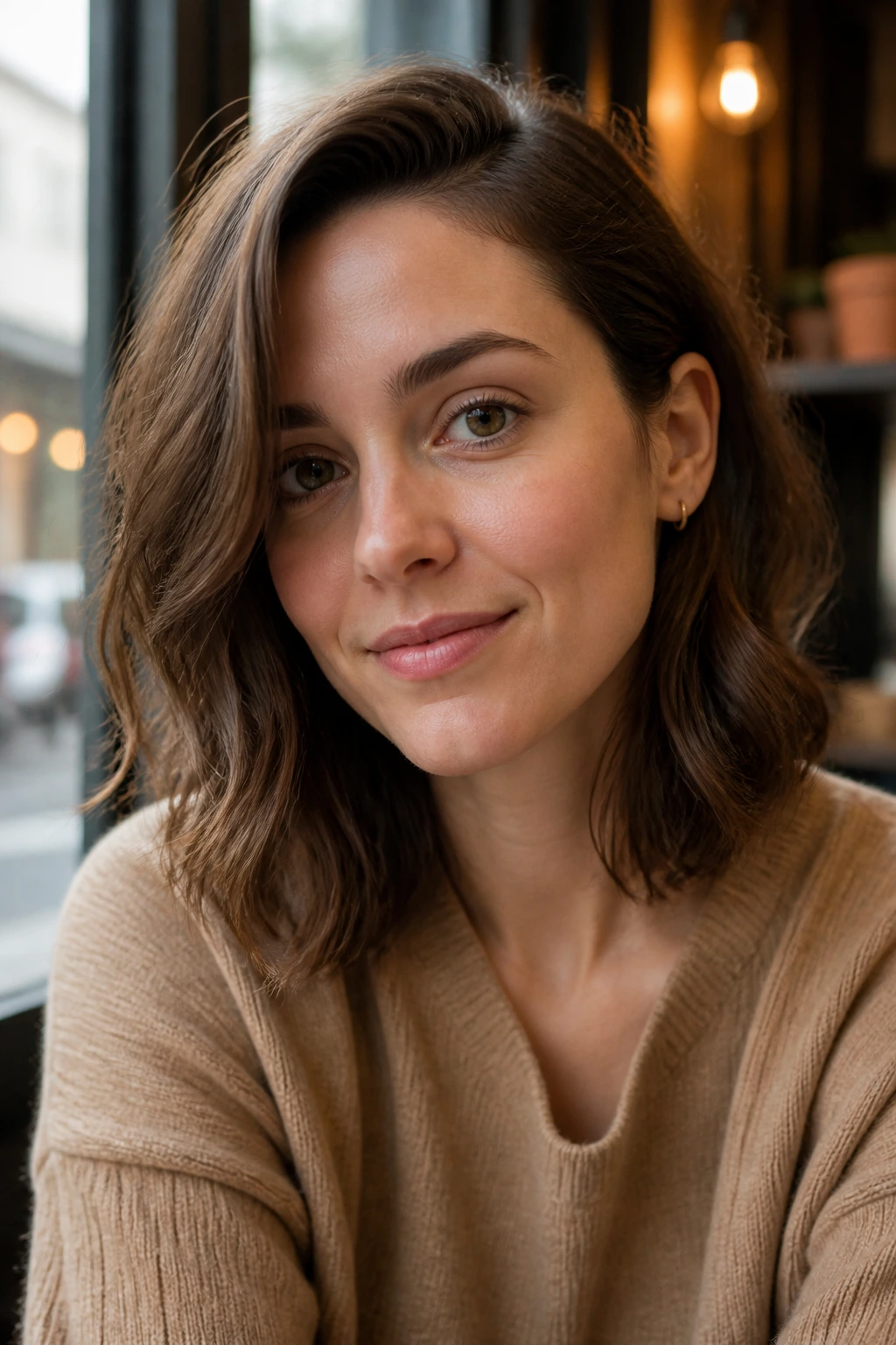 Real woman with off-center part and tucked-behind-ear lob hairstyle.