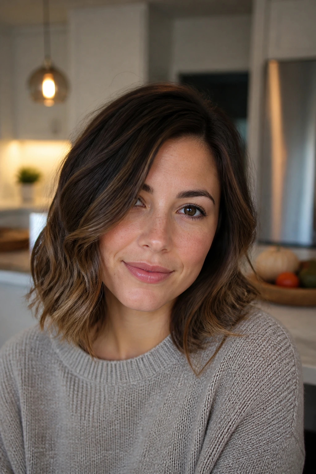 Portrait of a real woman with an off-center part lob and soft end layers