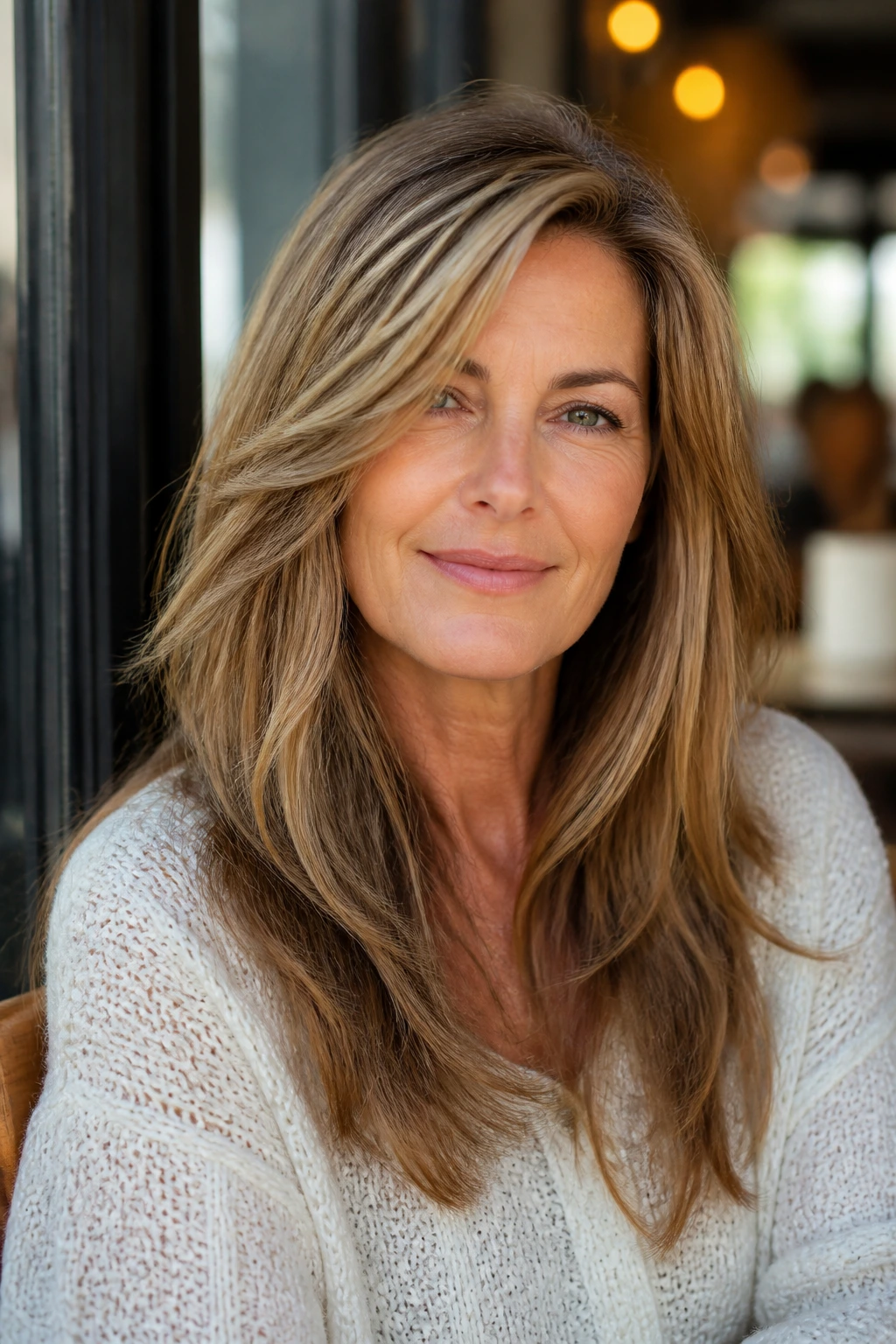 Real woman with long layered hair and off-center part