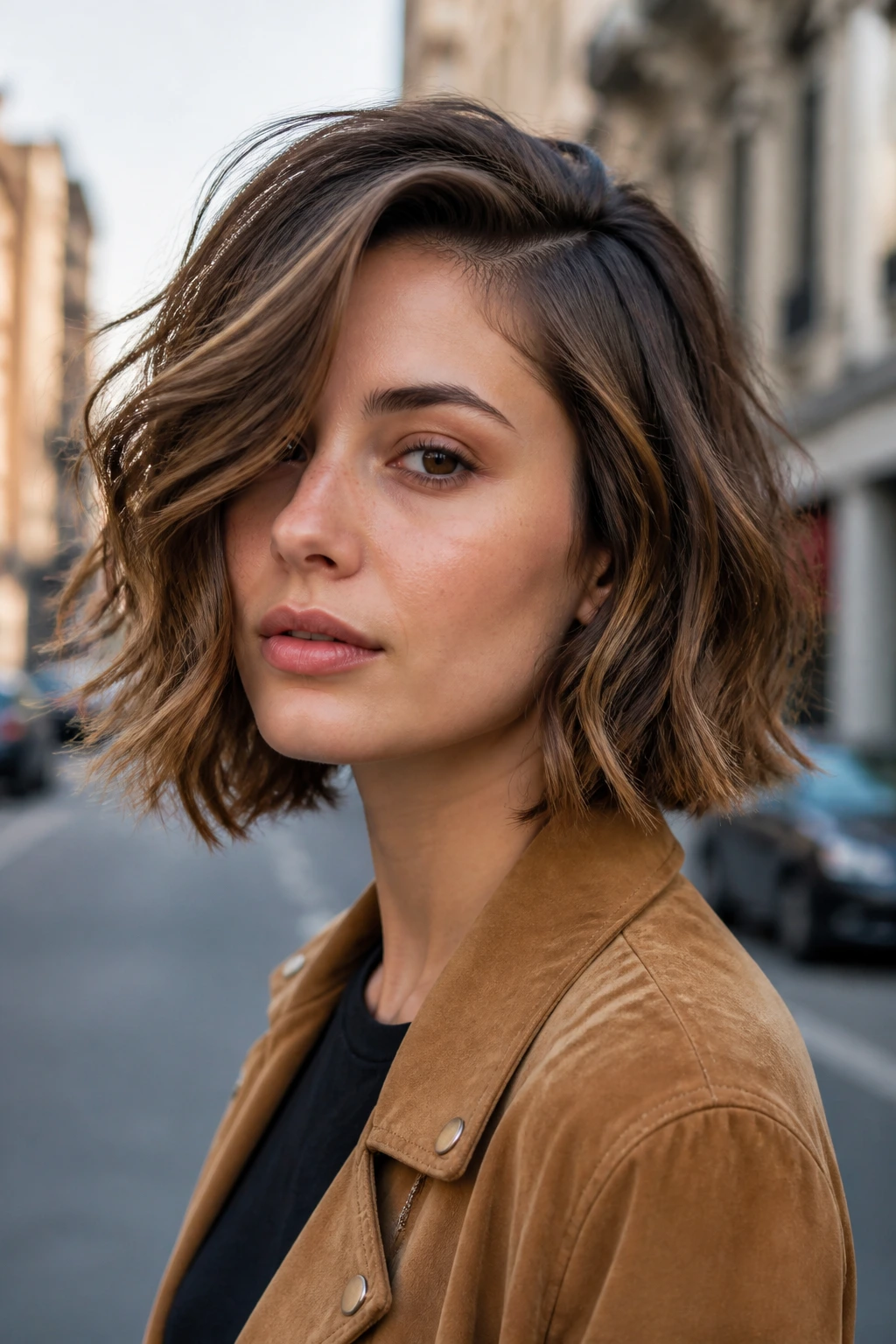 Real woman with off-center piecey bob and soft curls