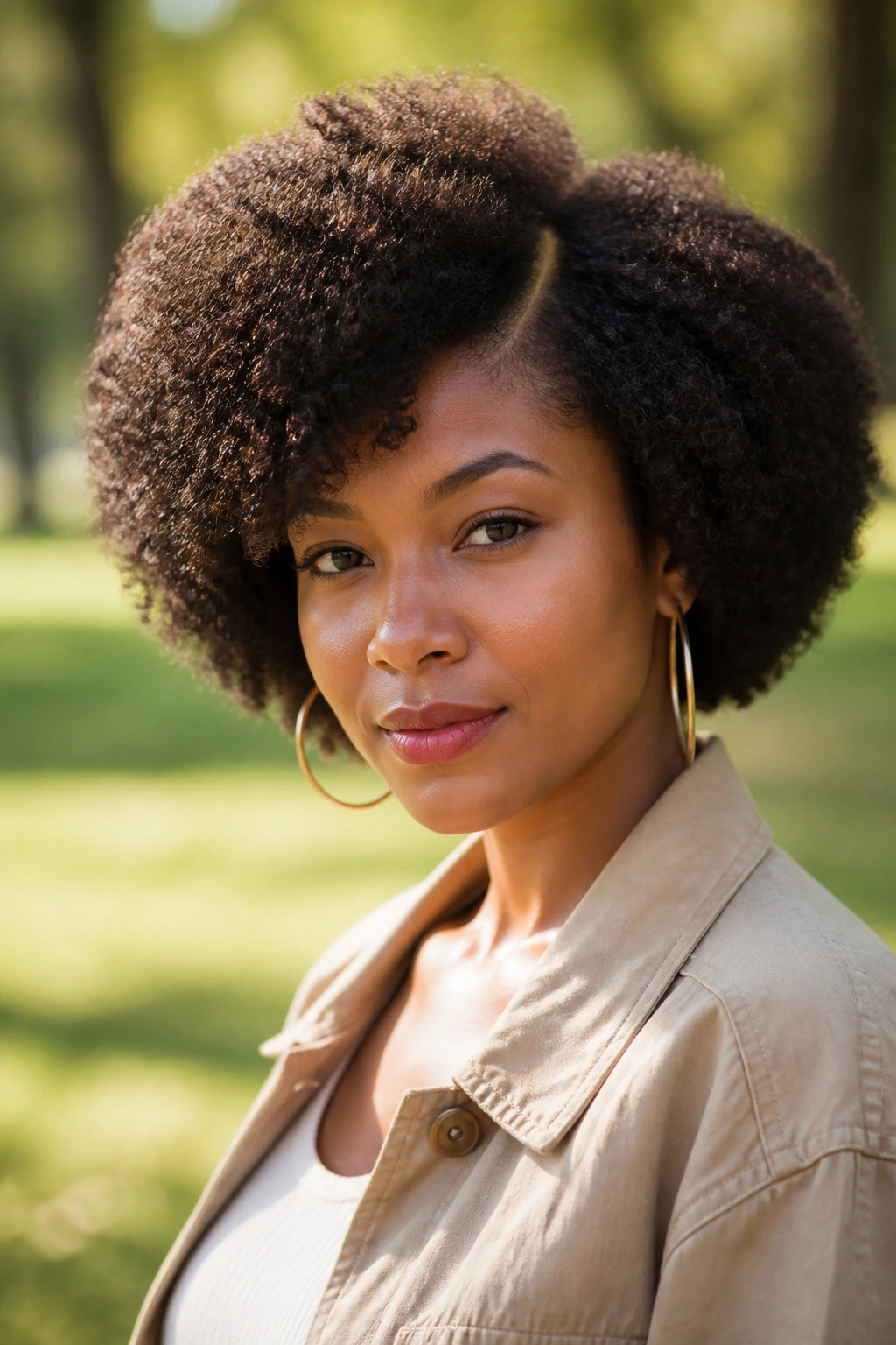 Portrait of a real Black woman with a rounded afro and off-center part outdoors