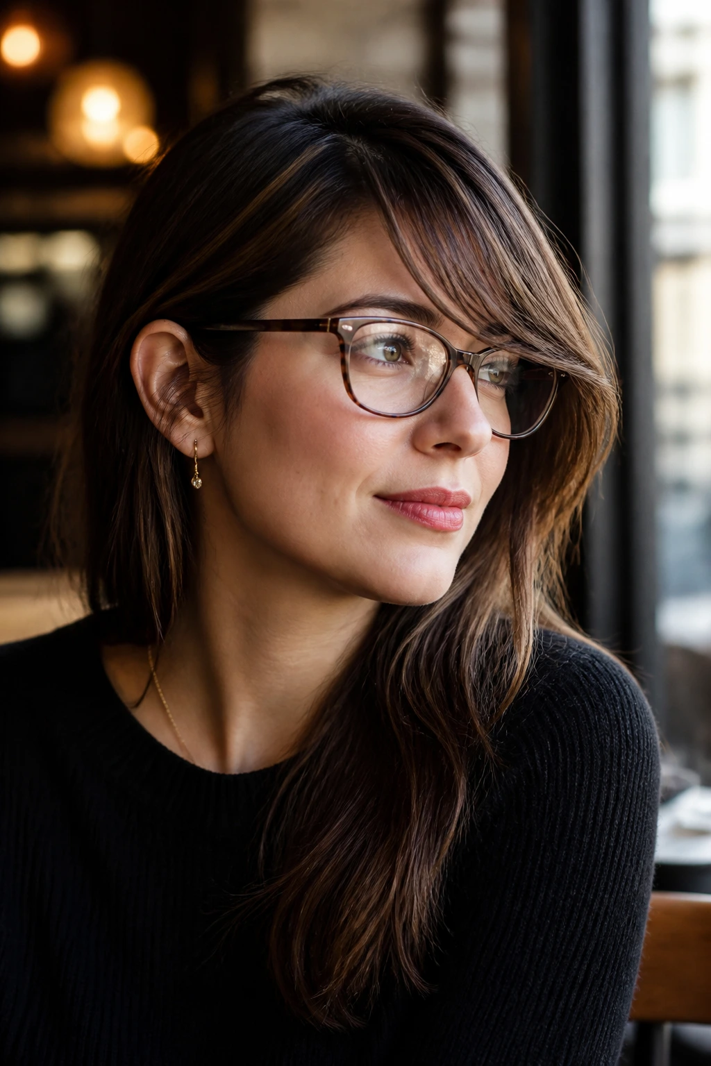 Portrait of a woman with off-center swept bangs tucked behind the ear