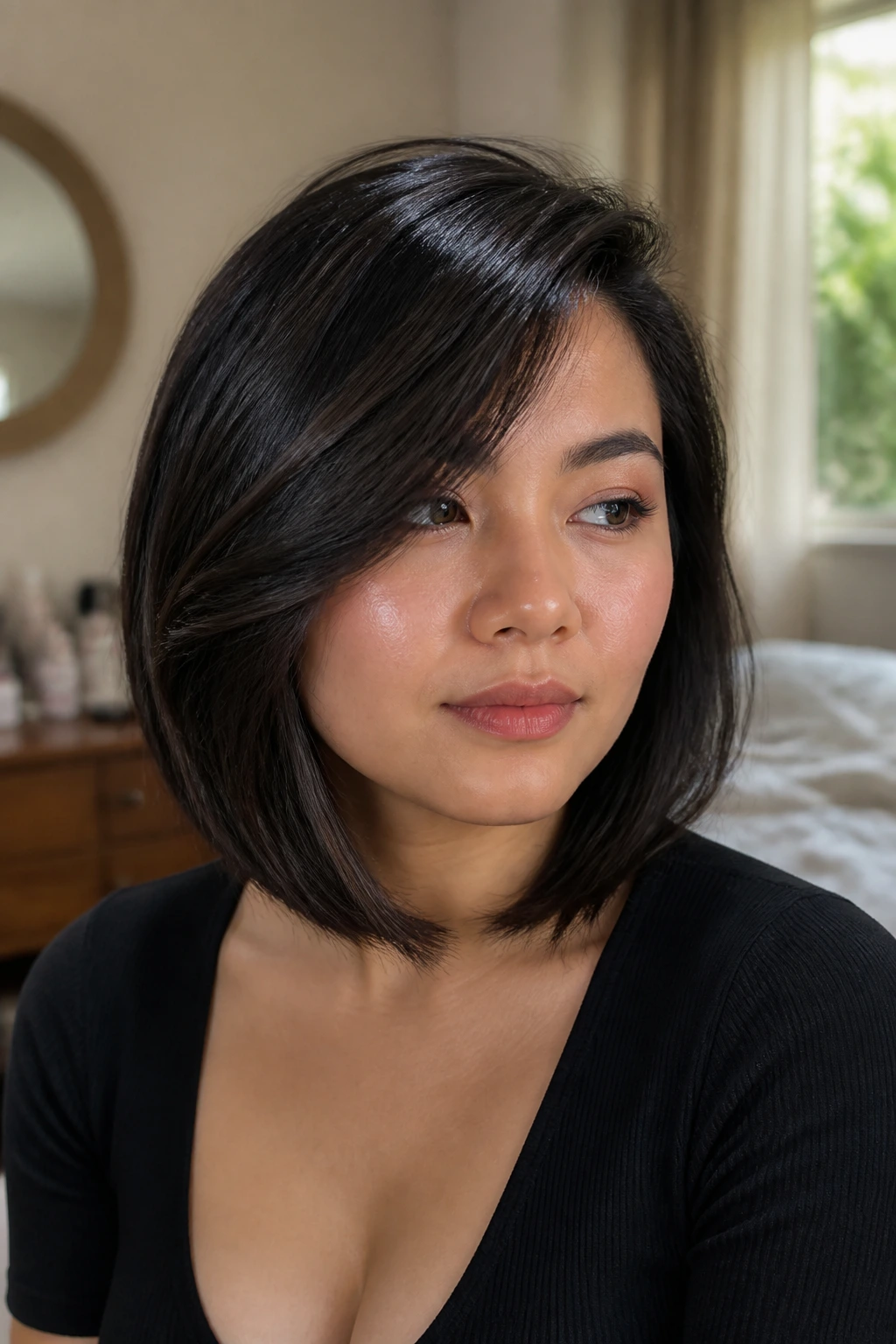 Close-up of a real woman with an off-center swoop lob in warm window light