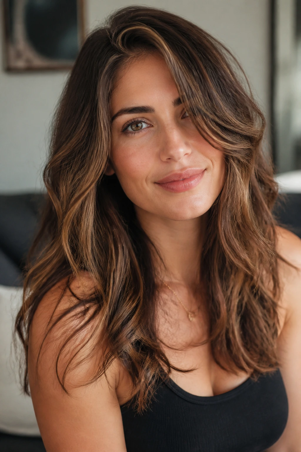 Real woman portrait with off-center waves and long face-framing pieces