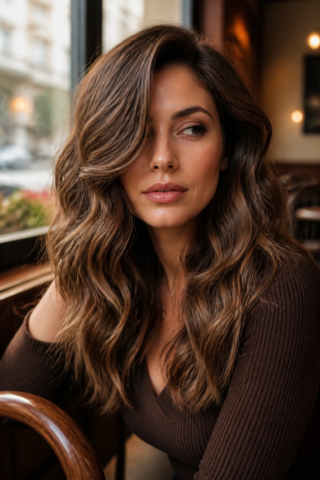 Portrait of a woman with off-center waves in a cozy cafe setting.