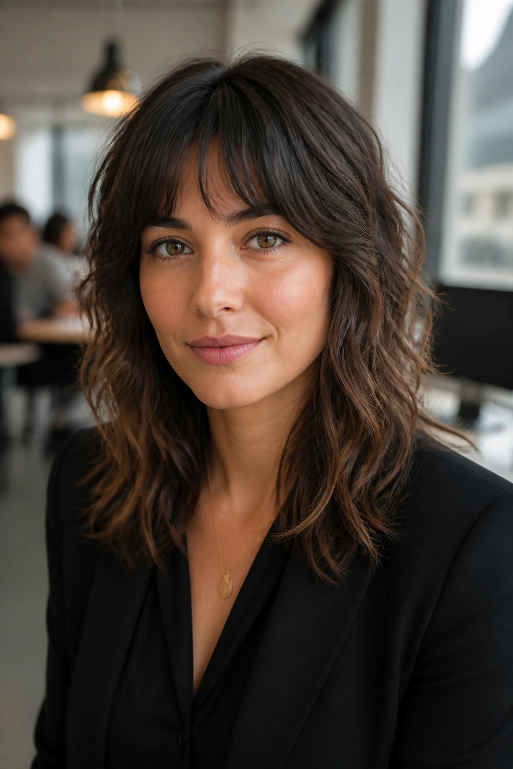 Portrait of a real woman with an office-friendly shag hairstyle in a work setting.
