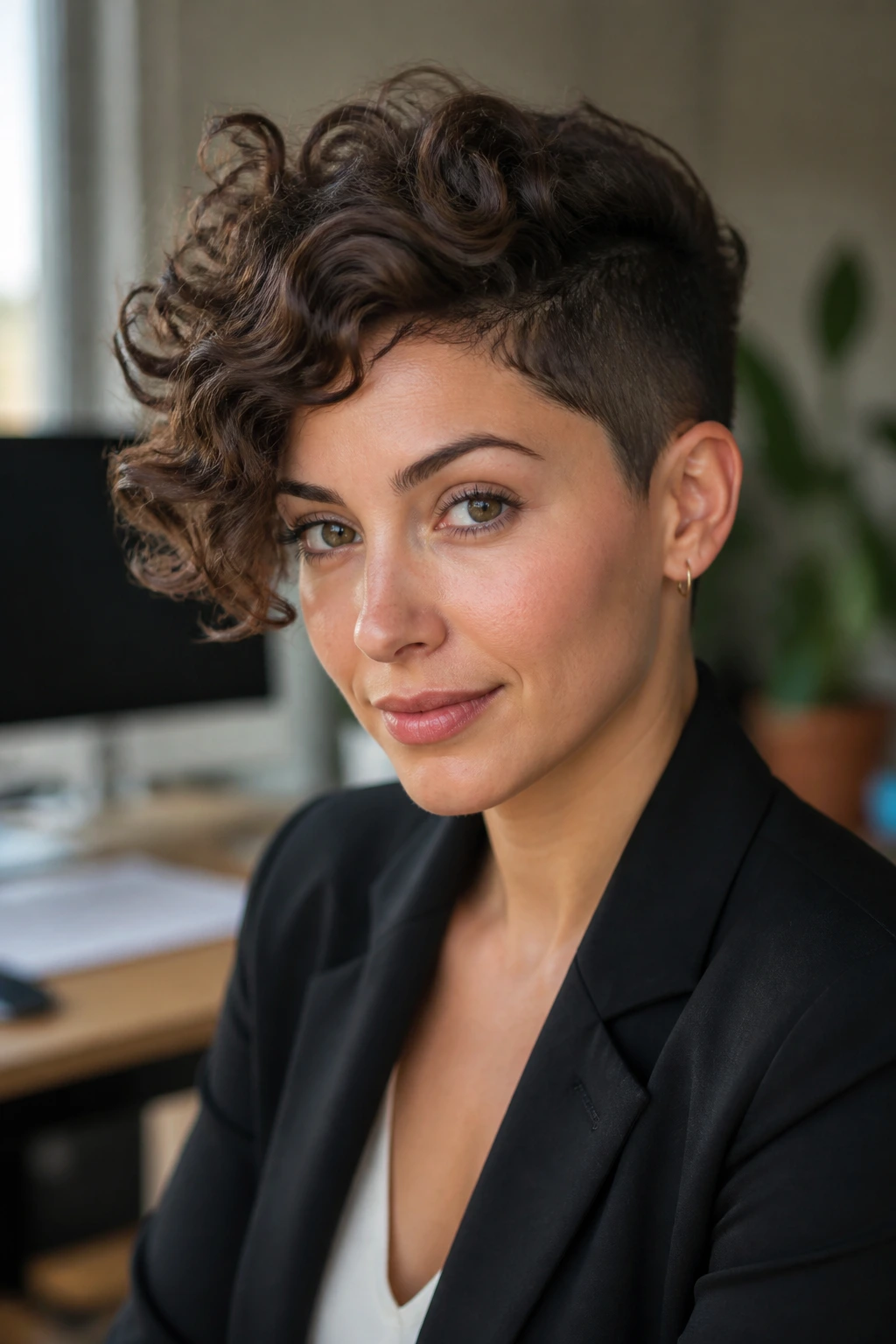 Close-up portrait of a real woman with an office-friendly swept-top pixie
