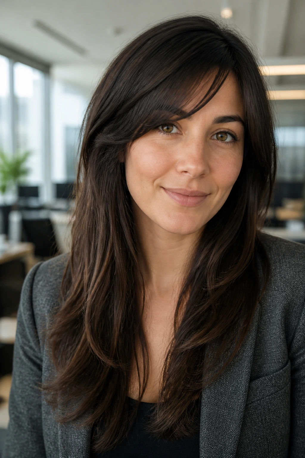 Portrait of a woman with a longer office-friendly fringe in a modern office setting