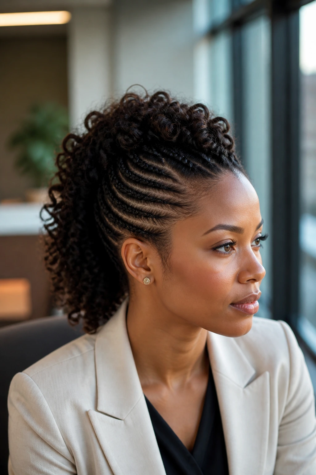 Close-up portrait of office-ready Mohawk cornrows with a central curl ridge in a real person