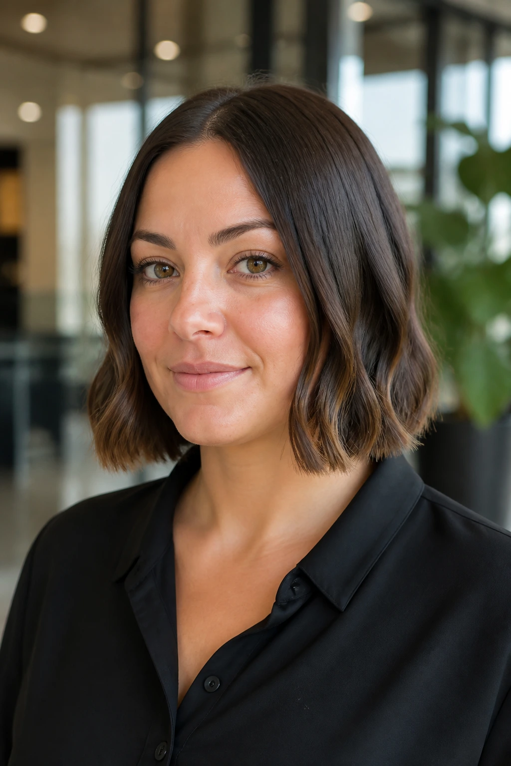 Close-up of a real person with a sleek top and bottom waves in an Office-Polished Bob