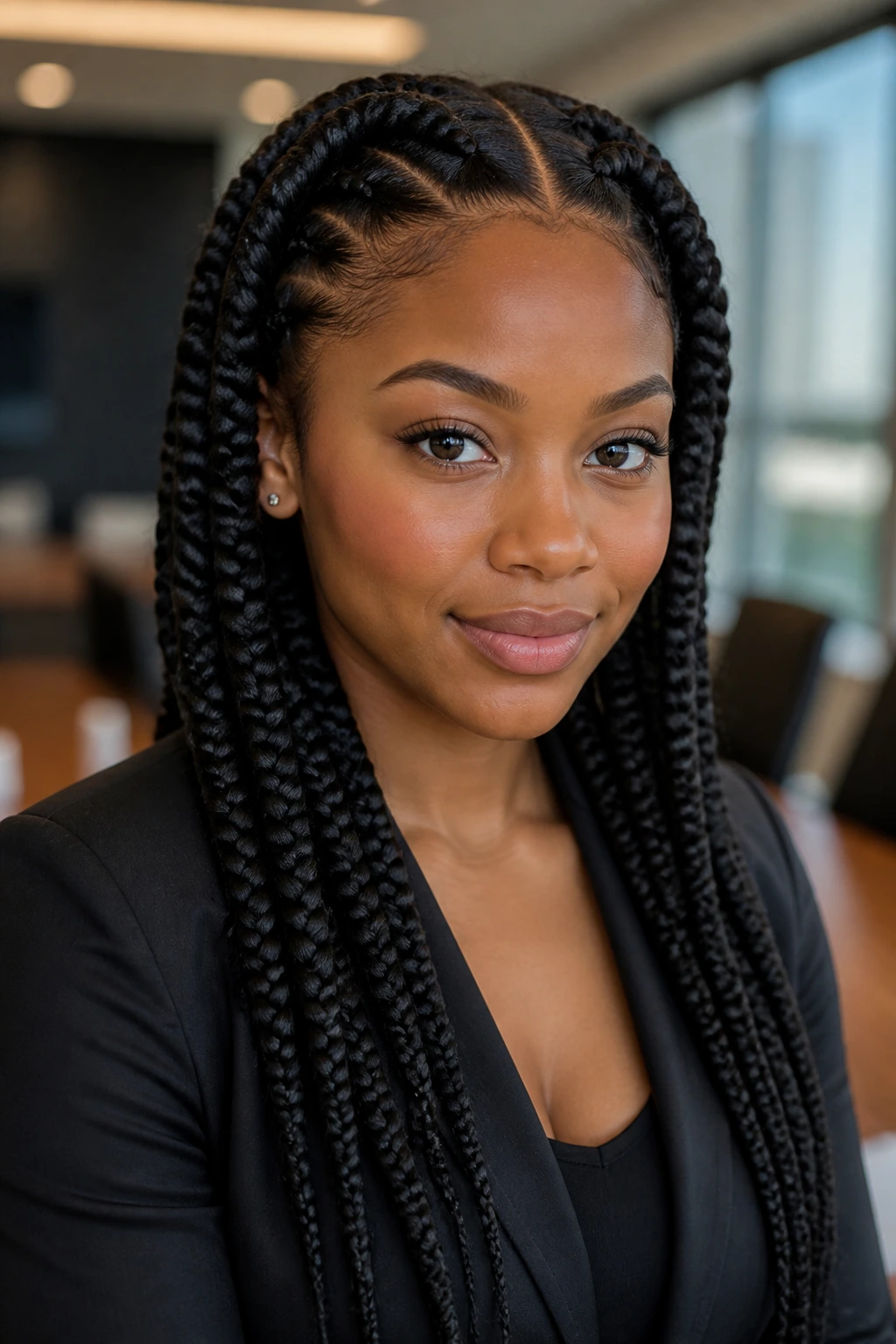 Close-up of real woman with neat-rooted, mid-back jumbo braids for an office look