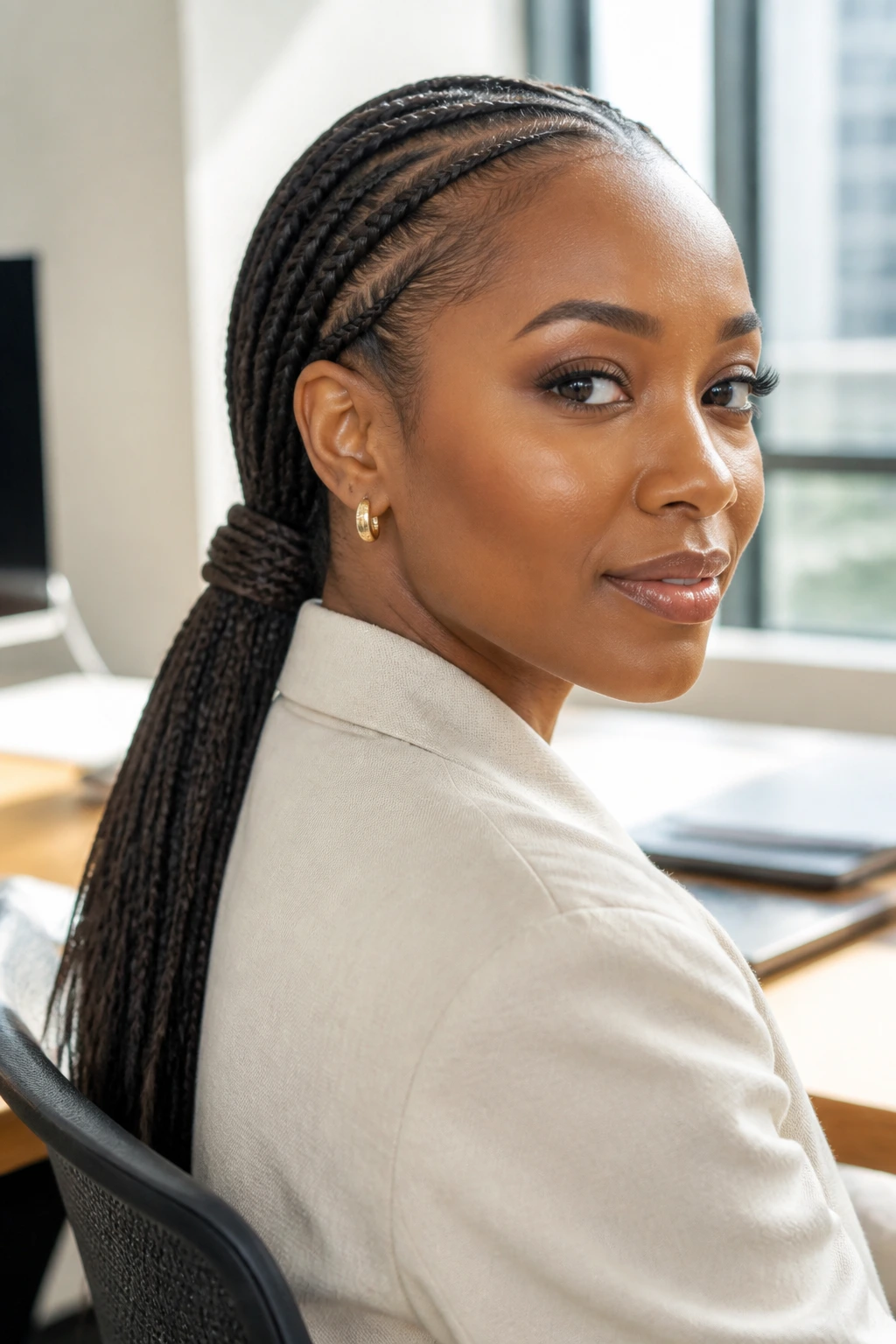 Close-up of Soft Office Pony braided hairstyle on a real woman in an office setting