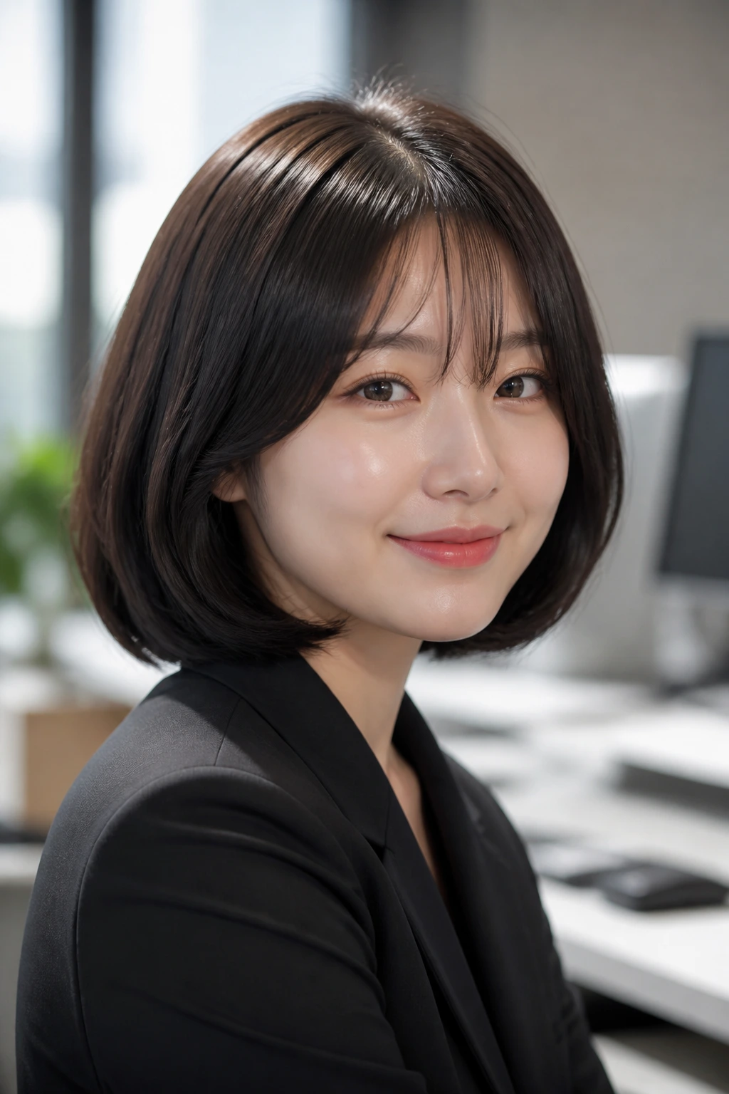 Close-up portrait of a woman with a glossy, office-ready bob in a bright workspace