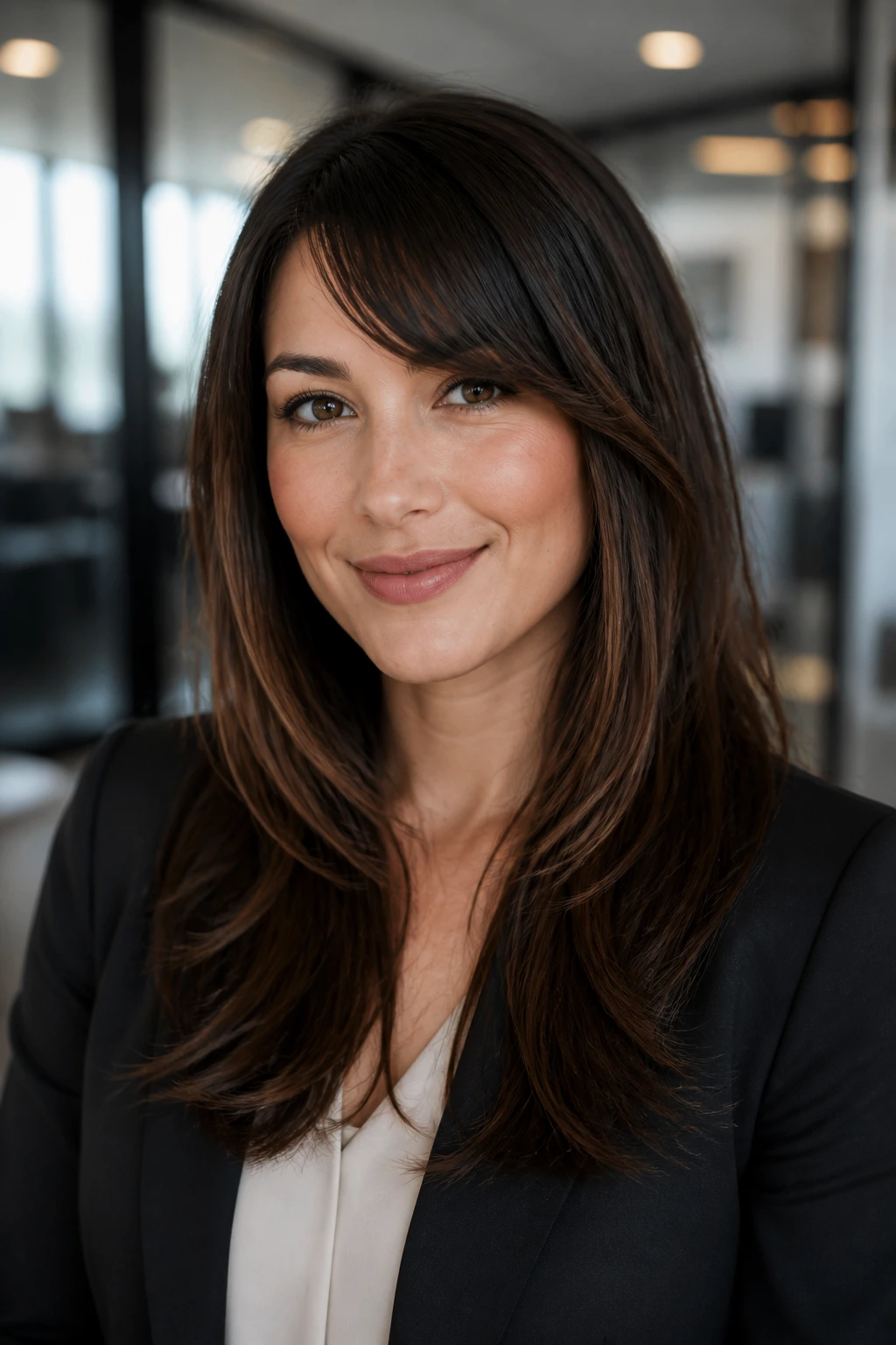 Close-up portrait of a real woman with office-ready smooth-ended hair near blazer