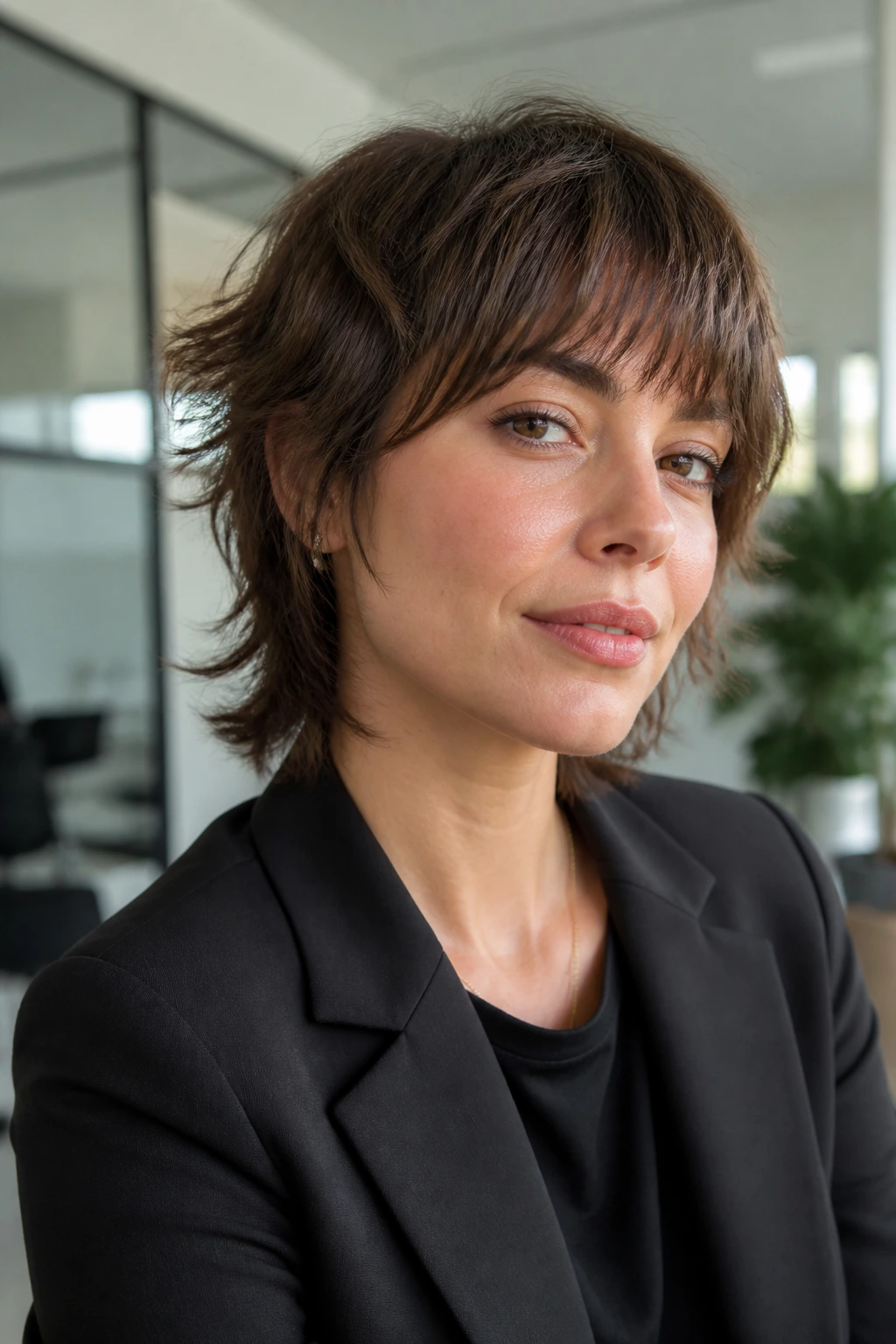 Real person with softer office shag variation in an office setting