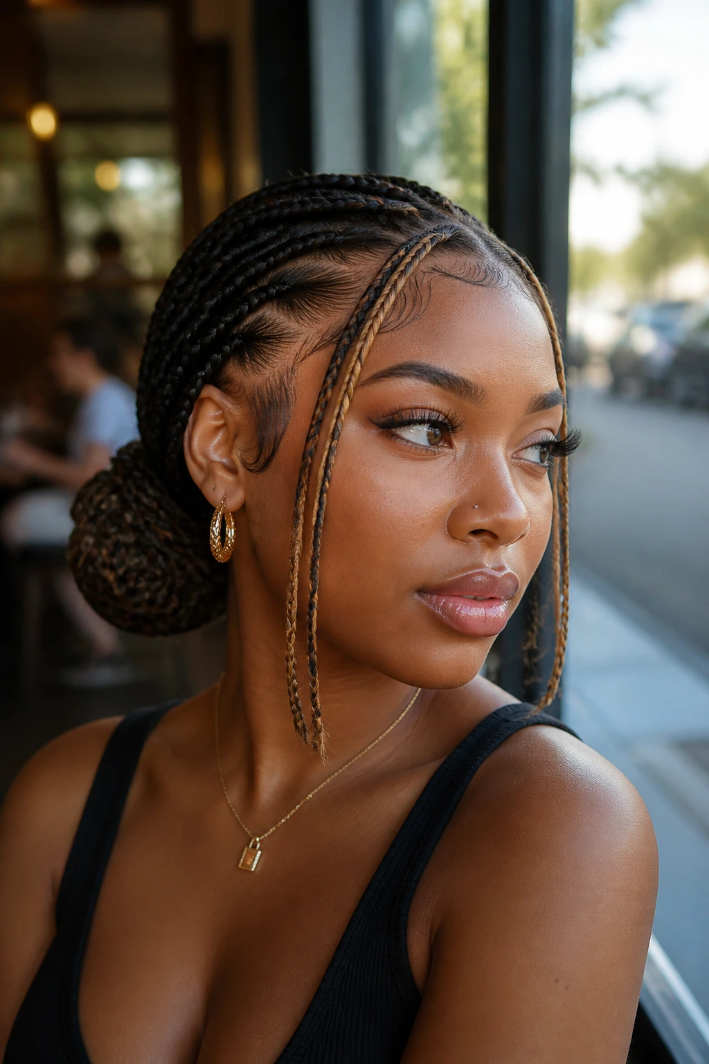 Real woman with an offset bun and sleek baby hair detail.