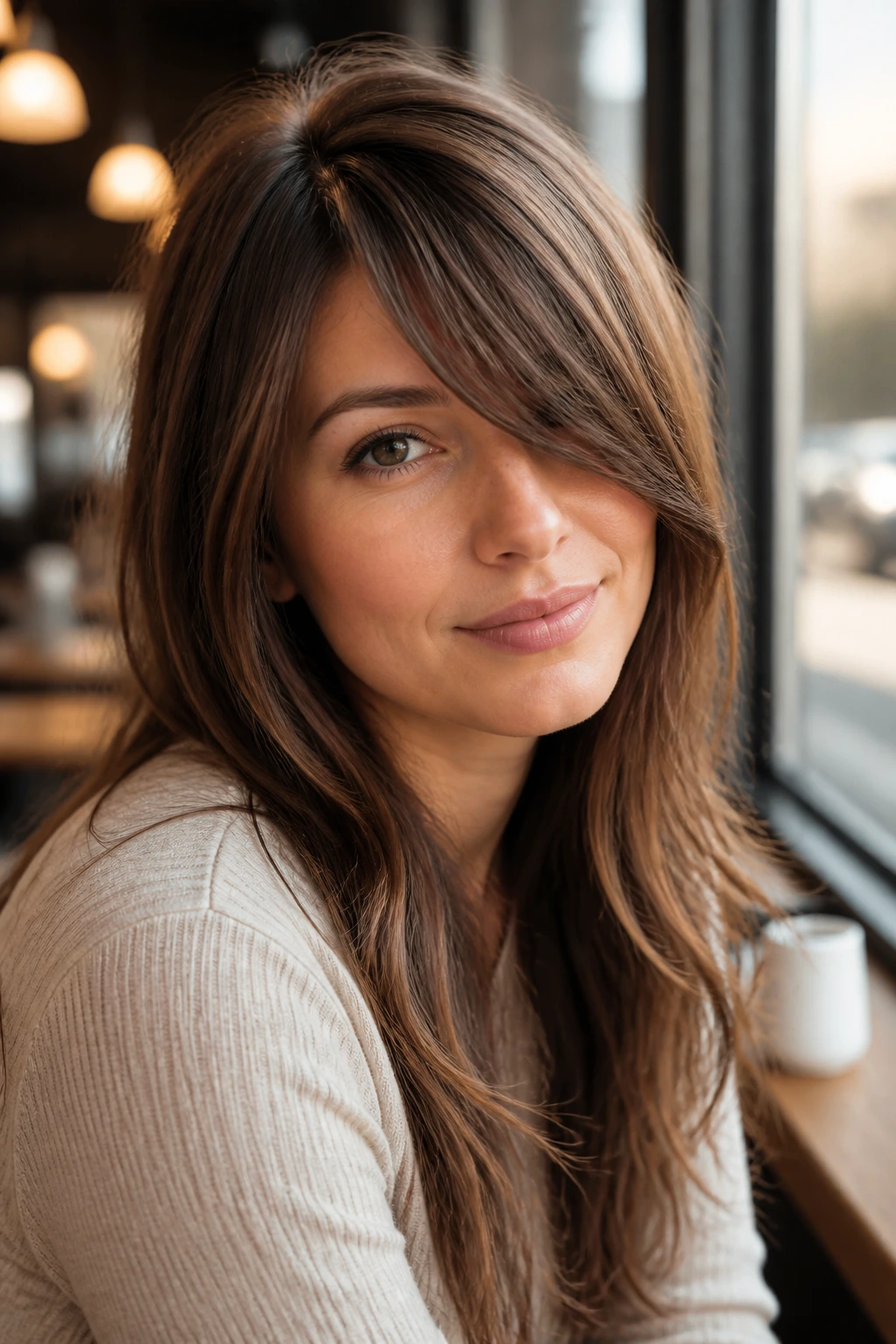 Close-up of a real person with an offset side panel bang across the eye