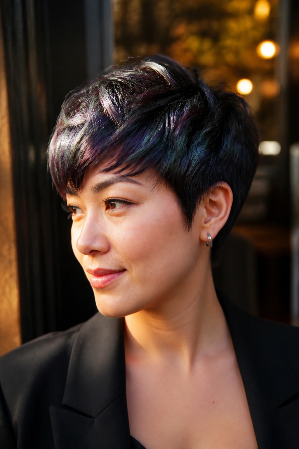 Close-up of a real person with an oil-slick gloss short cut showing iridescent green, violet, blue, and wine reflections