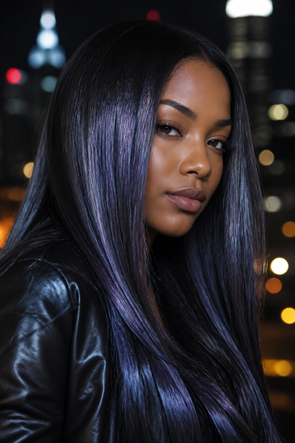 Close-up of hair with blue-violet reflective gray tones under city lights