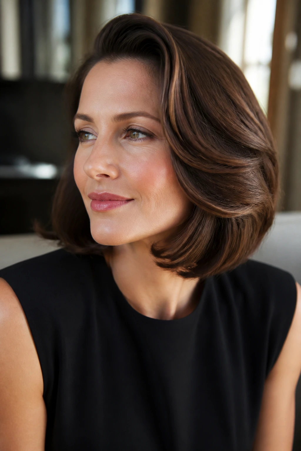 Close-up portrait of a real woman with Old-Hollywood Bend Bob hairstyle, side-parted glossy bend