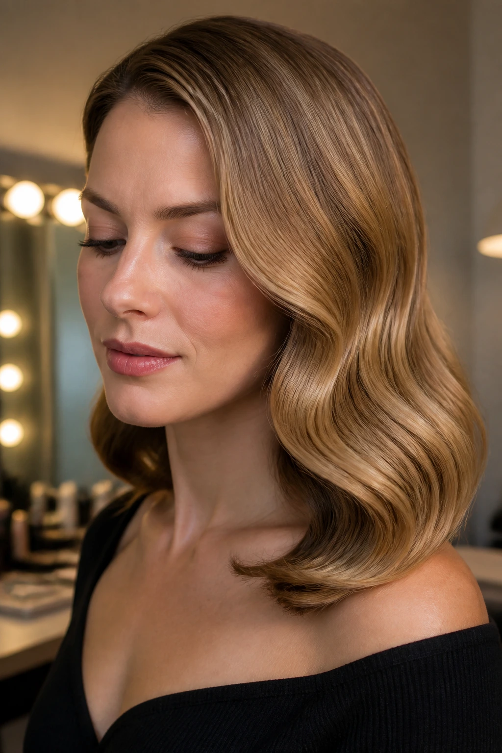 Close-up of a real woman with a polished Old-Hollywood bend on shoulder-length hair in a dressing room