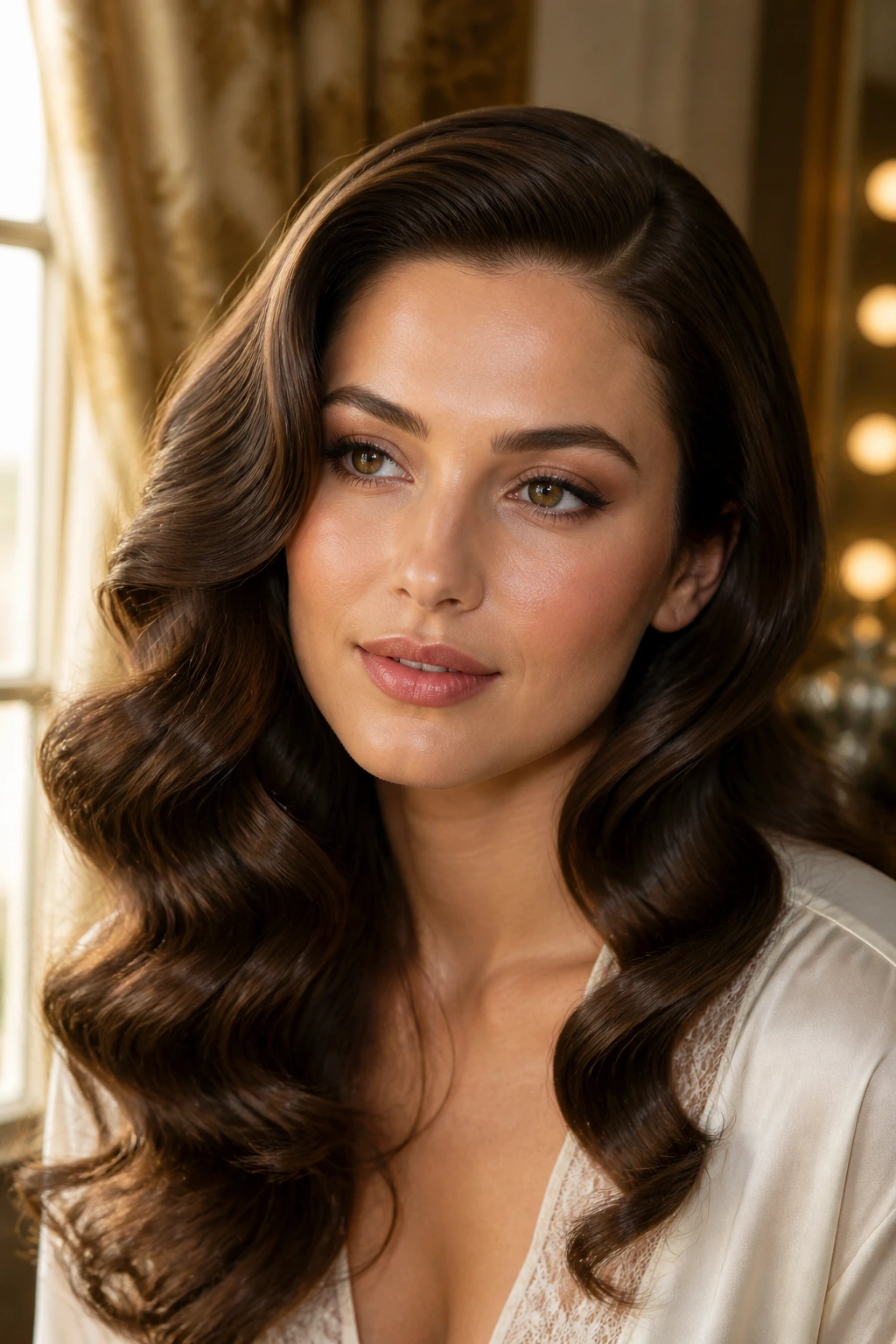 Close-up of a real woman with glossy brushed-out waves and side part