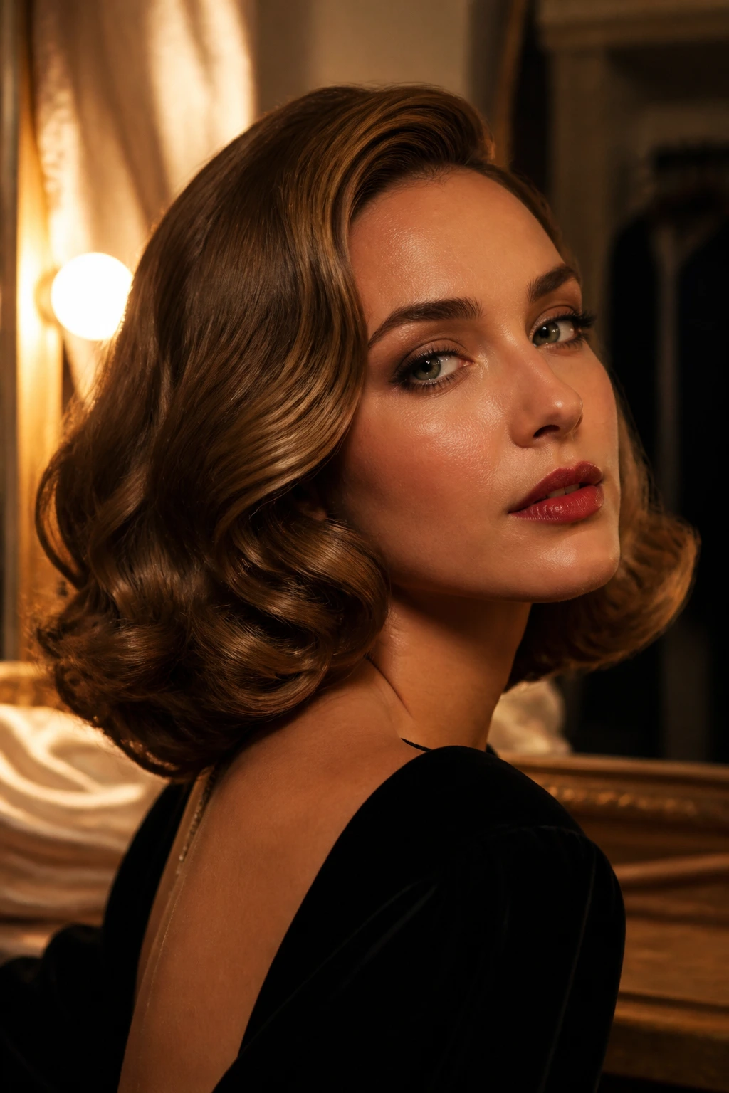 Close-up of a real woman with an old Hollywood brushout bob.