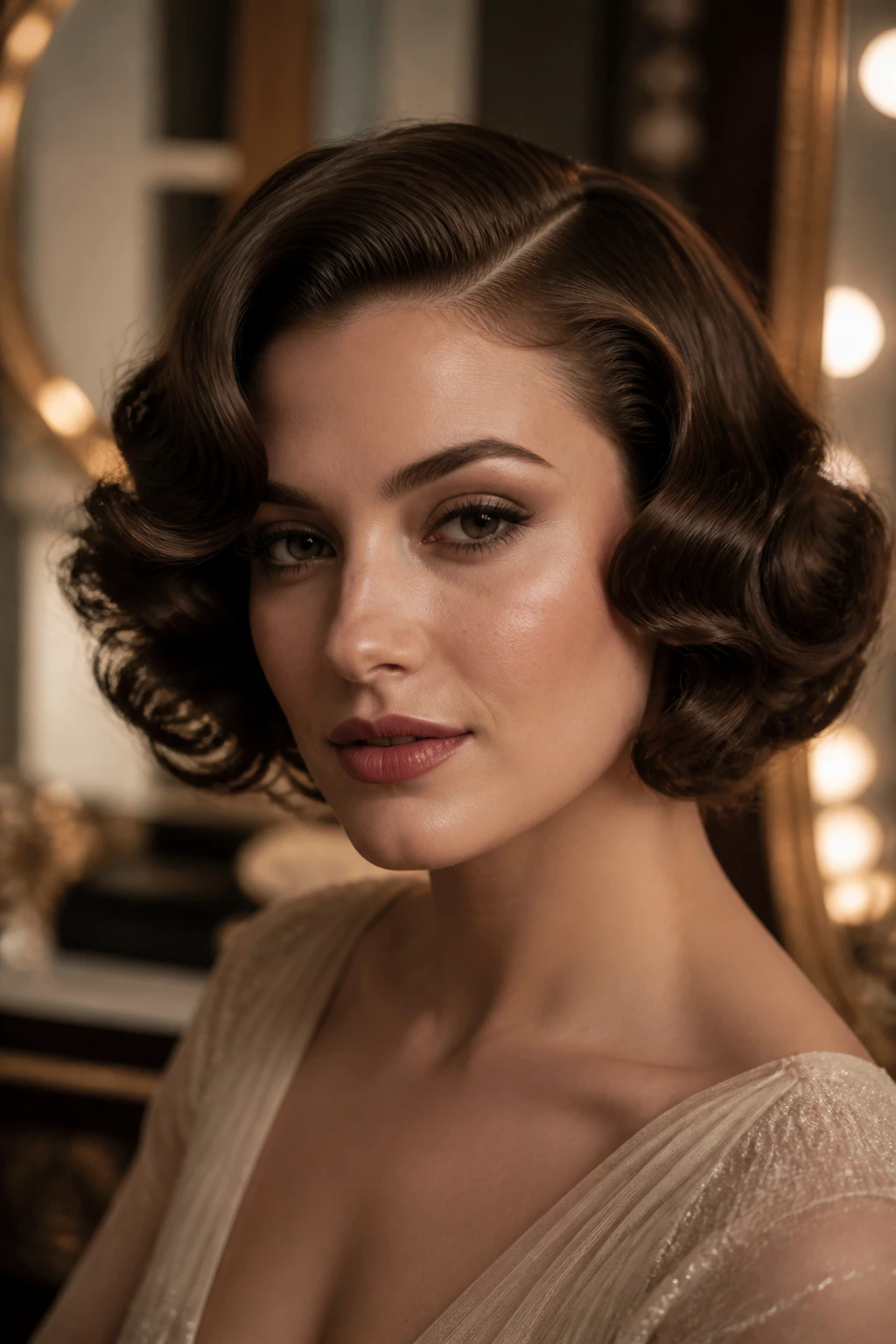 Close-up of a real person with an Old-Hollywood curled bob and glossy finish.