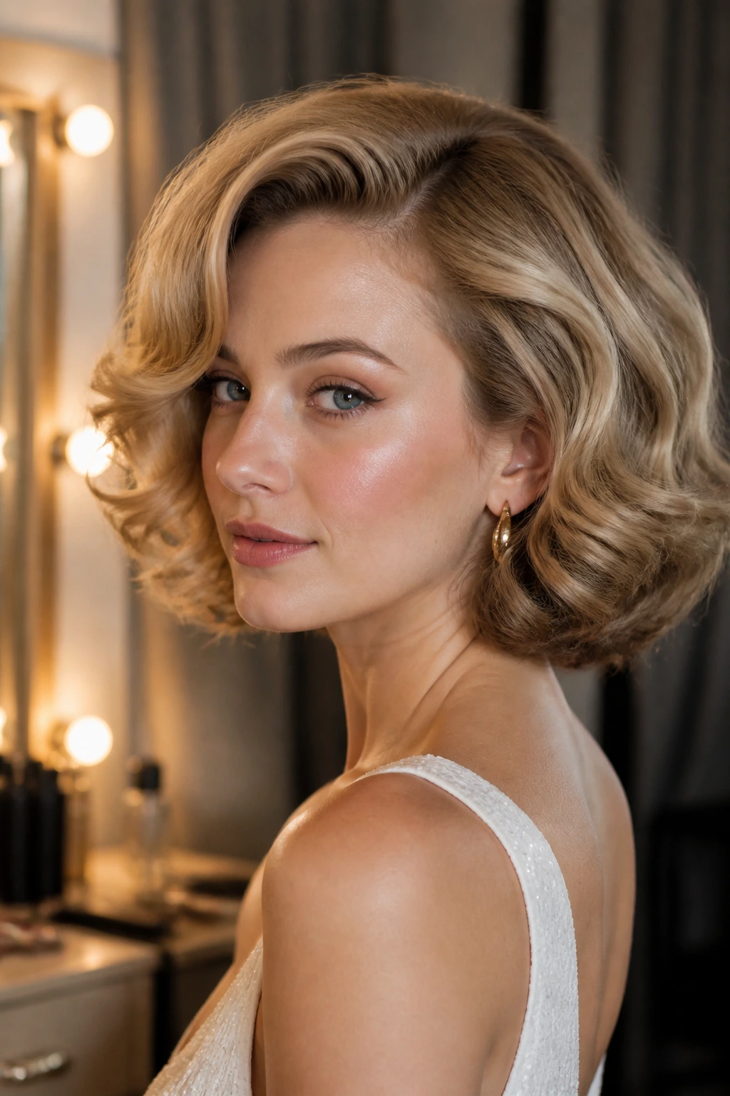 Portrait of woman with brushed-out old Hollywood curls