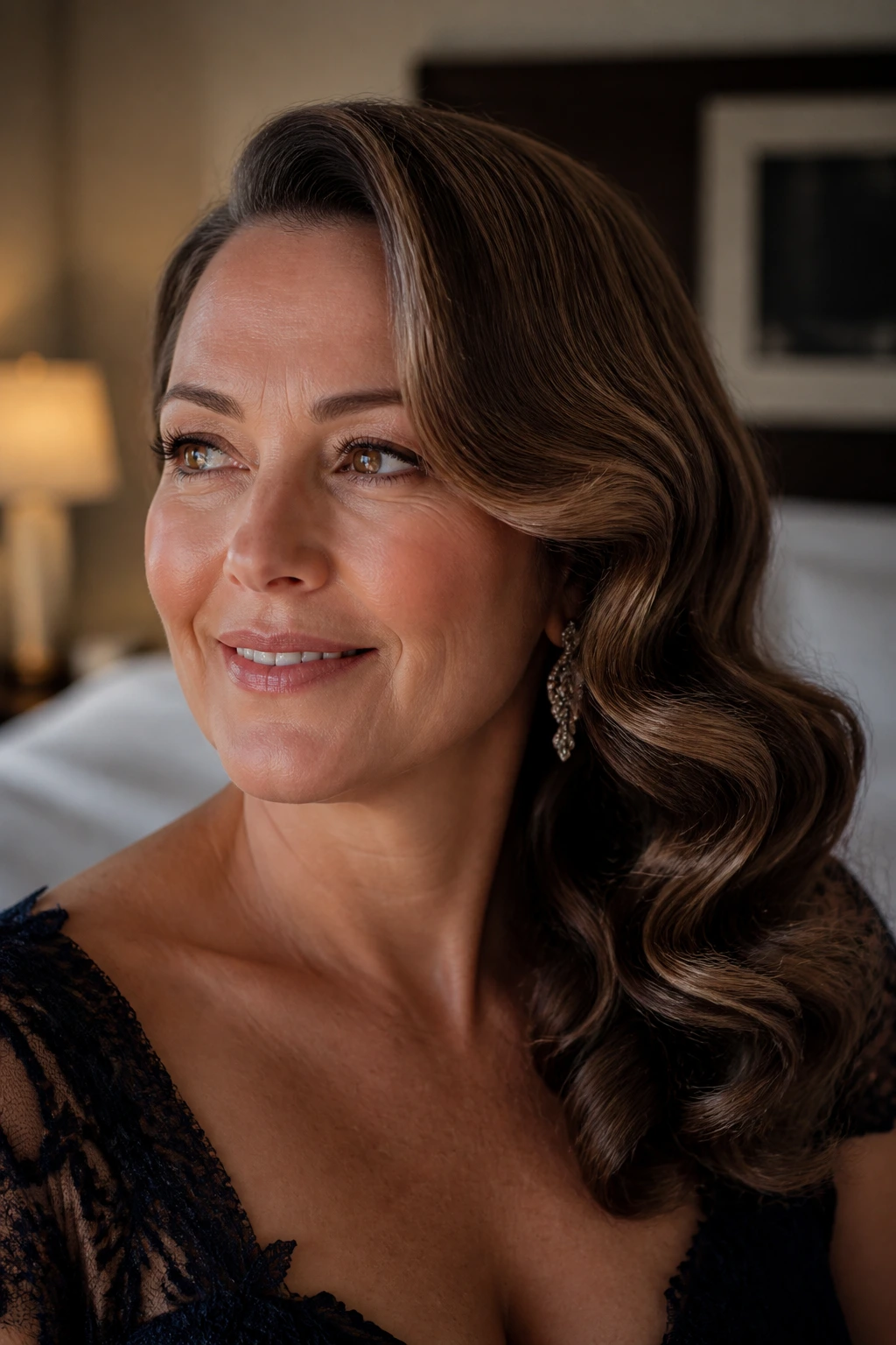 Close-up of a real woman with deep side part curls
