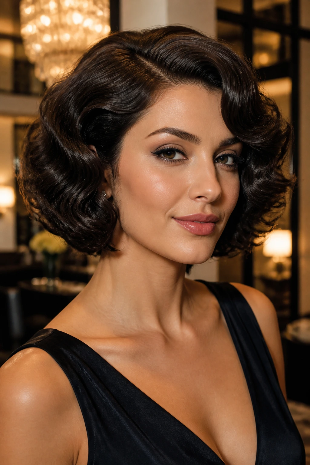 Portrait of a real woman with sculpted old-Hollywood curly bob and defined waves.