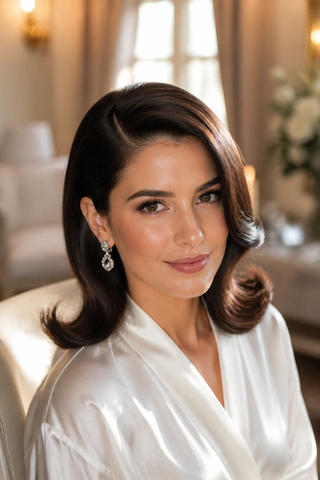 Close-up of a real woman with Old-Hollywood flip ends hairstyle in a wedding-prep setting