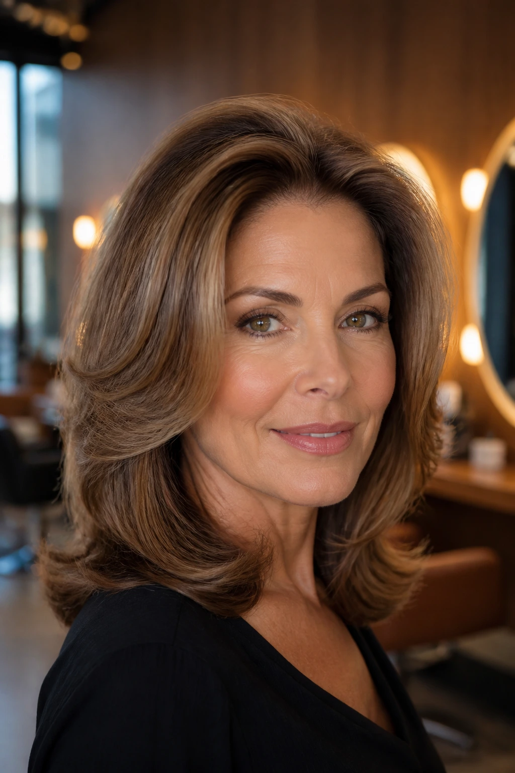 Close-up portrait of a real woman with Old-Hollywood layered volume hairstyle, crown lift and soft face-framing sweep
