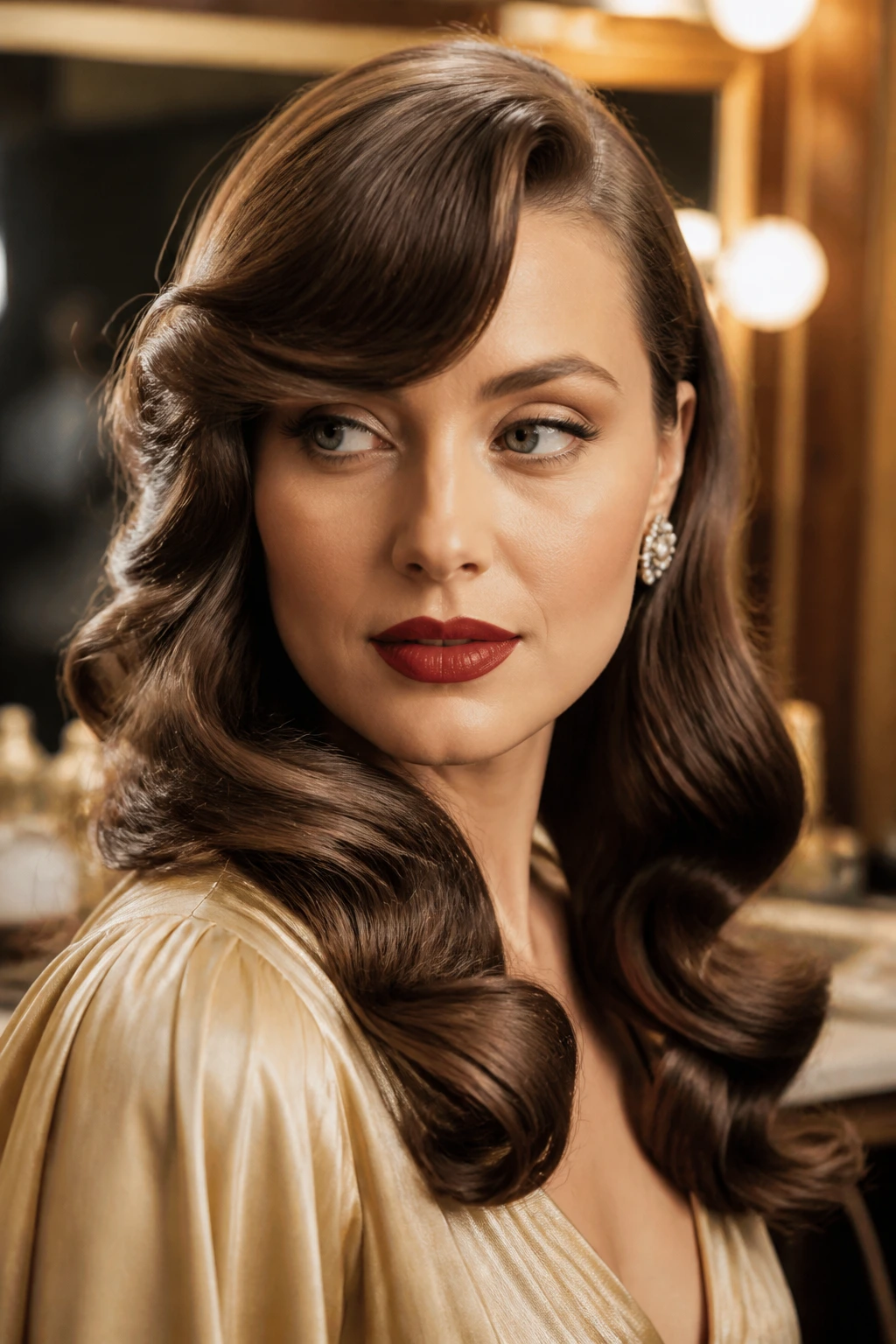 Portrait of a real person with glossy waves and side-swept bangs in warm vintage lighting.