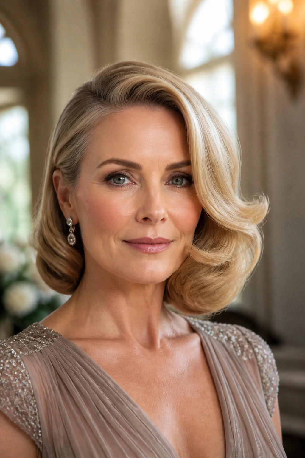 Close-up of a woman with an old Hollywood side flip in warm indoor lighting