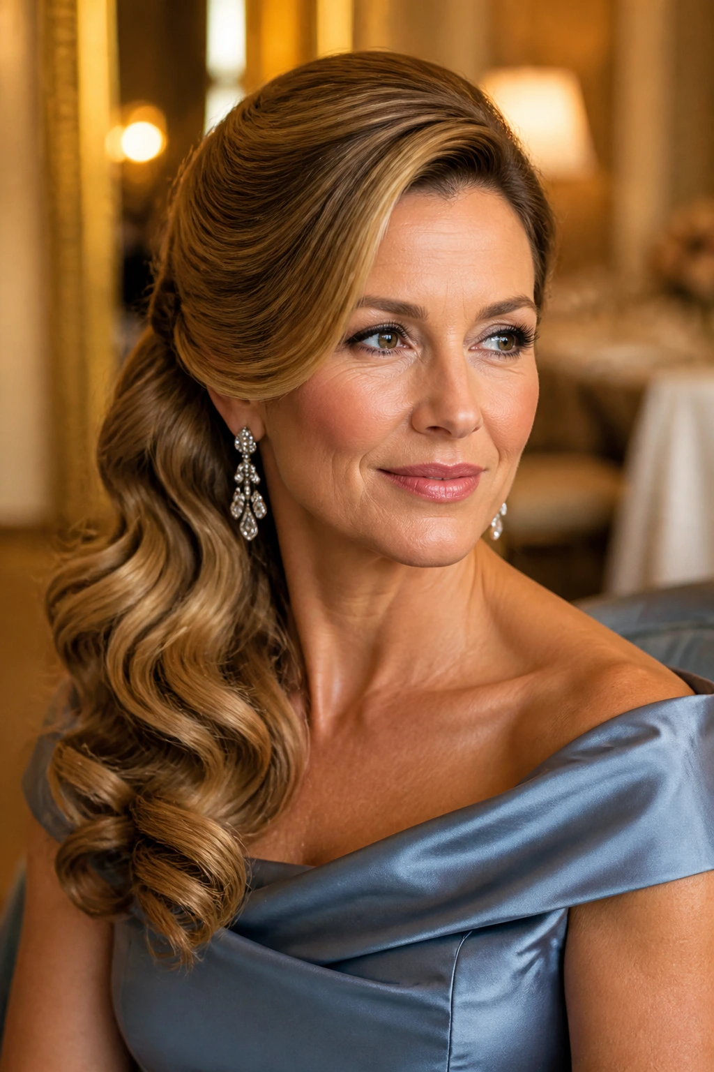 Portrait of a real woman with Old Hollywood side half-up hairstyle.