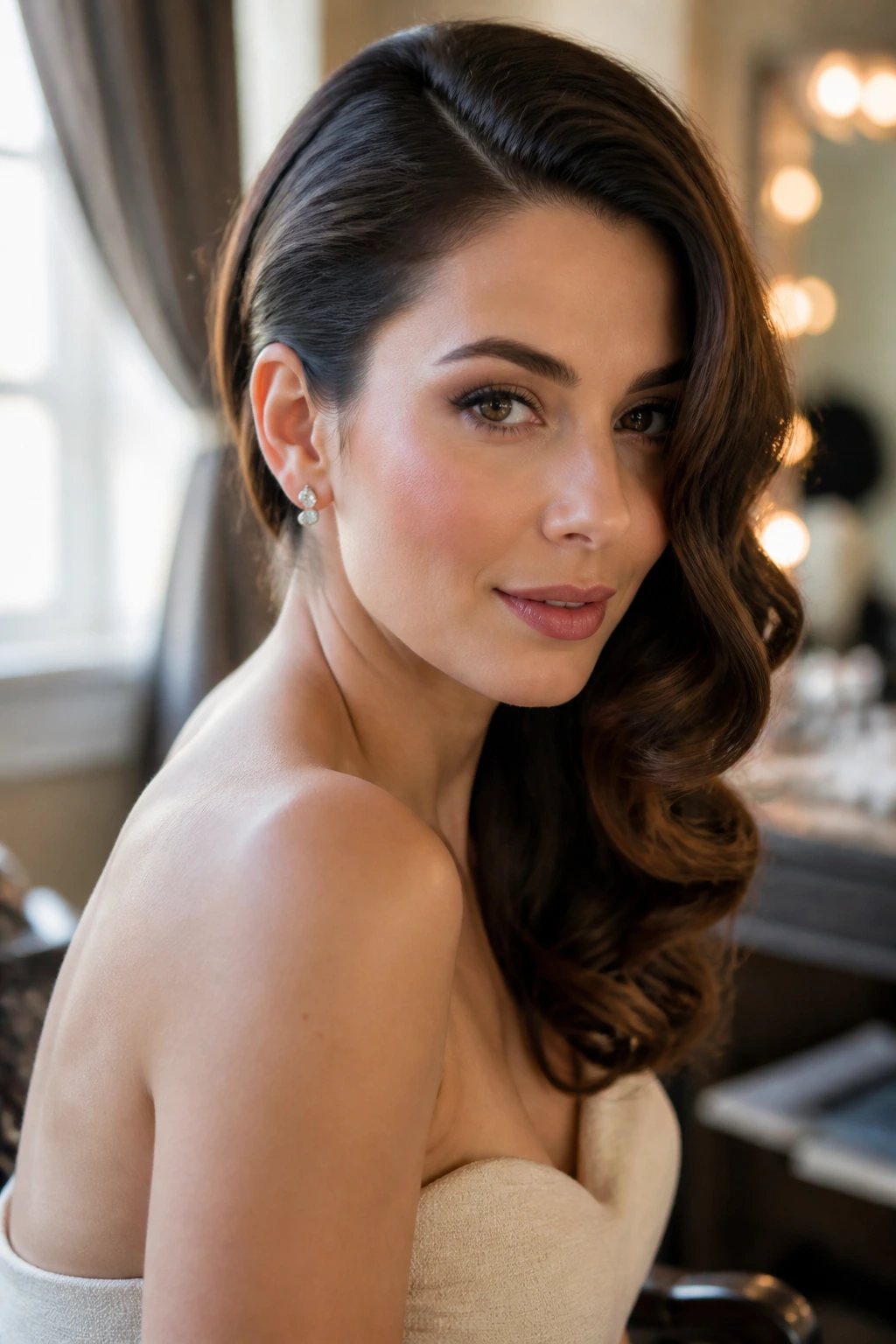 Real woman with deep side part and side-swept hair tucked behind the ear