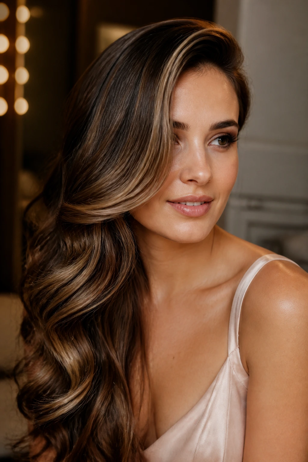 Close-up of a real person with Old-Hollywood Side Sweep and babylights