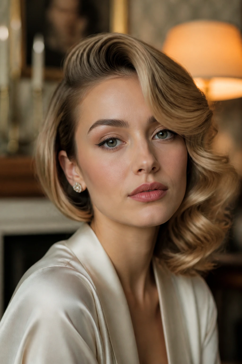 Portrait of a real woman with an old Hollywood side sweep hairstyle