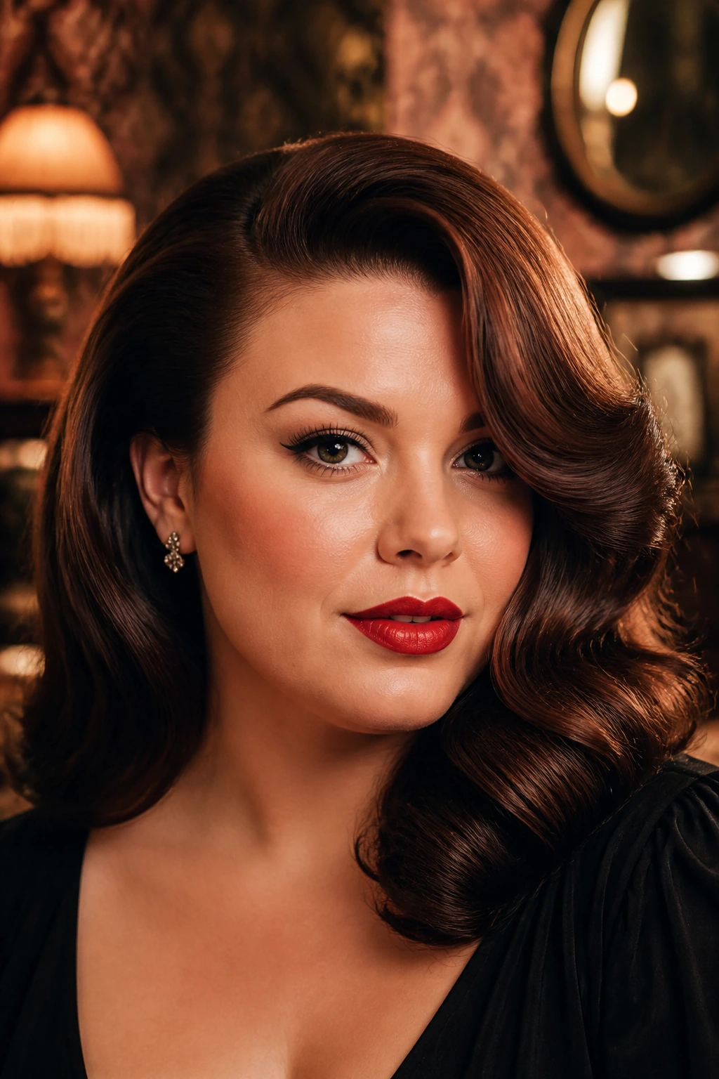 Real woman with old-Hollywood side swoop close-up portrait