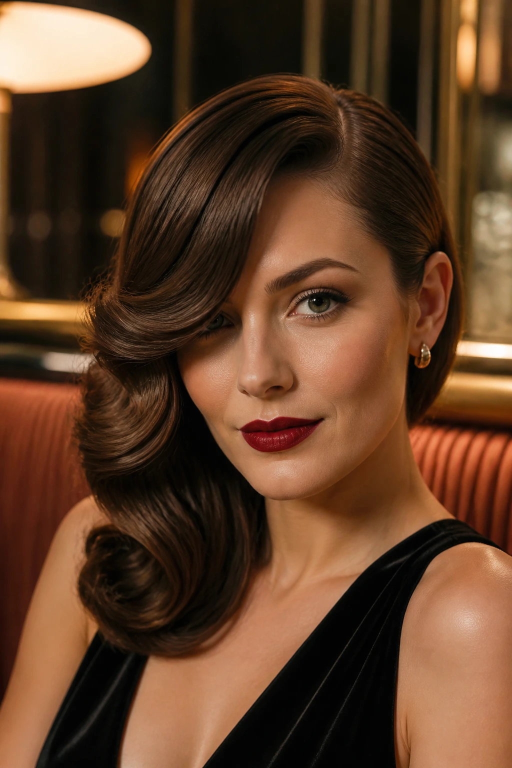 Close-up portrait of a real woman with an Old-Hollywood side swoop hairstyle