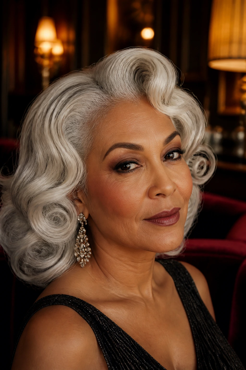 Close-up of a real person with Old Hollywood styled silver curls.