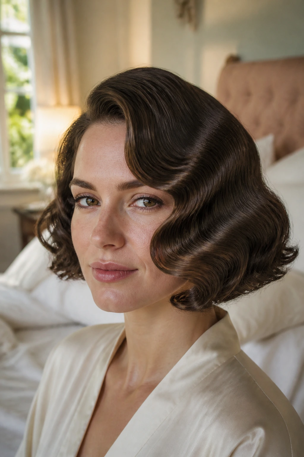 Close-up of a real woman with a mini Old Hollywood wave bob.