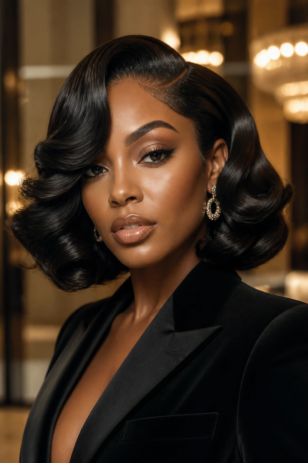 Close-up portrait of a real woman with Old-Hollywood Wave Bob featuring dramatic S-waves