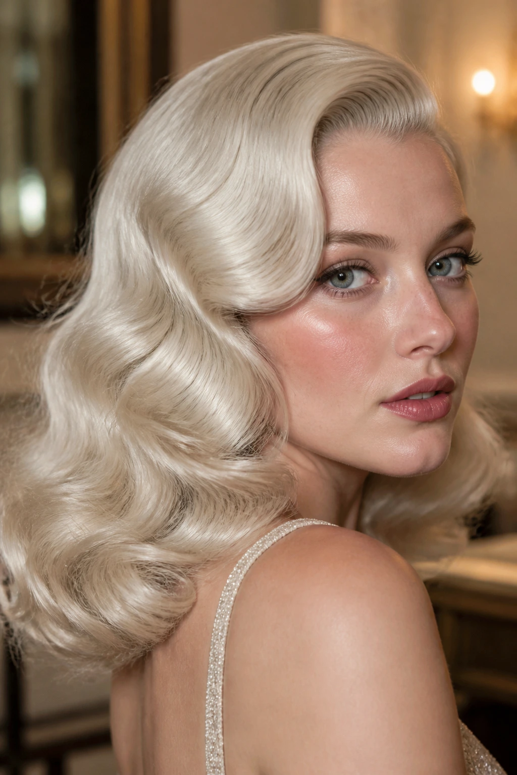 Close-up of a real woman with Ice Queen Old-Hollywood waves and side part