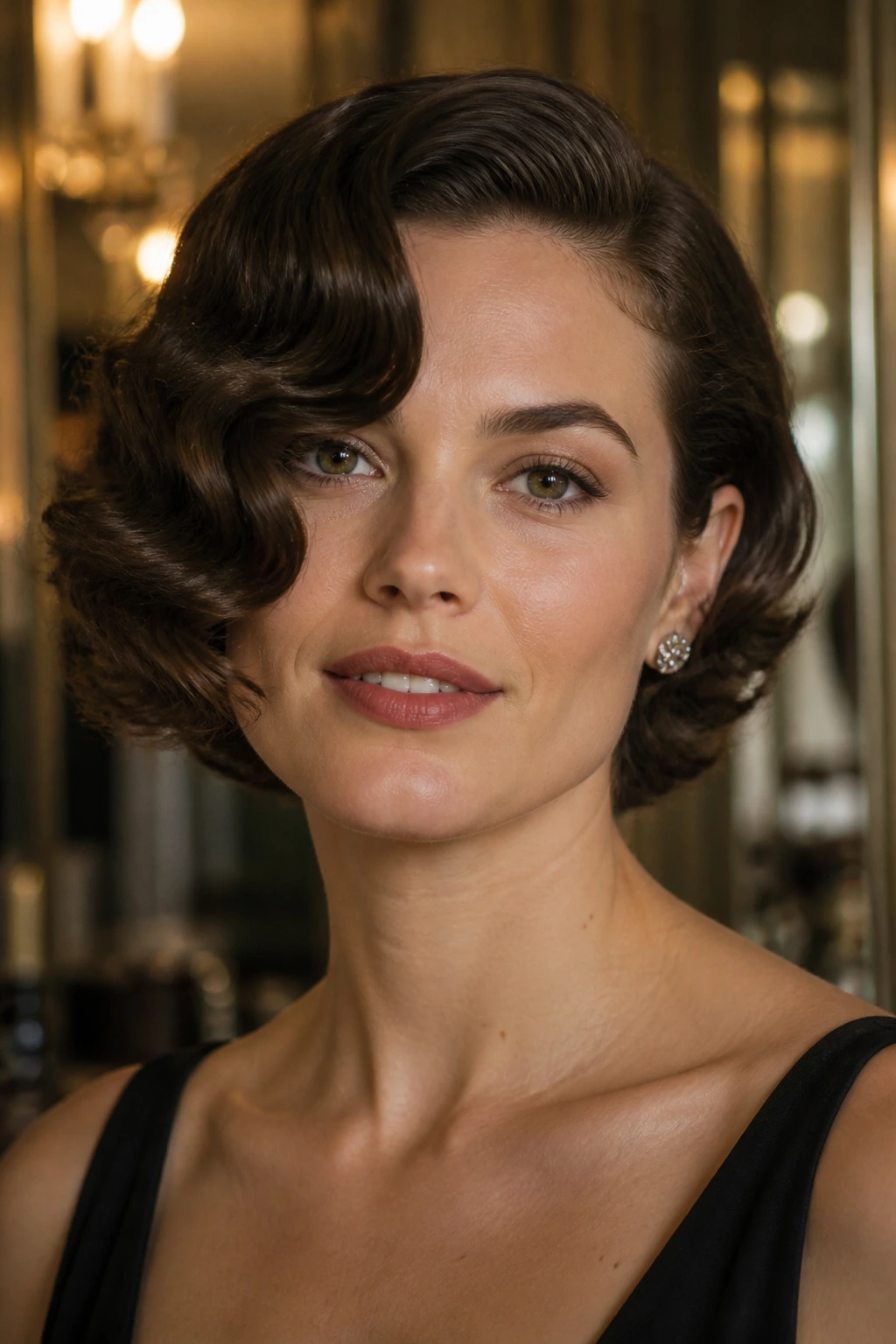 Close-up of a real woman with old Hollywood waves on short hair