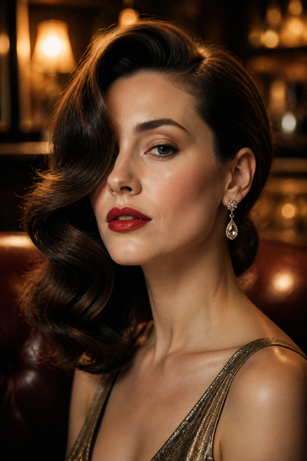 Portrait of a real person with Old Hollywood side waves.