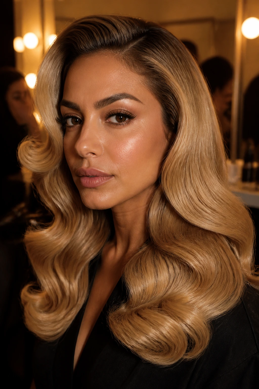 Portrait of a real woman with glossy Old-Hollywood waves on olive skin.